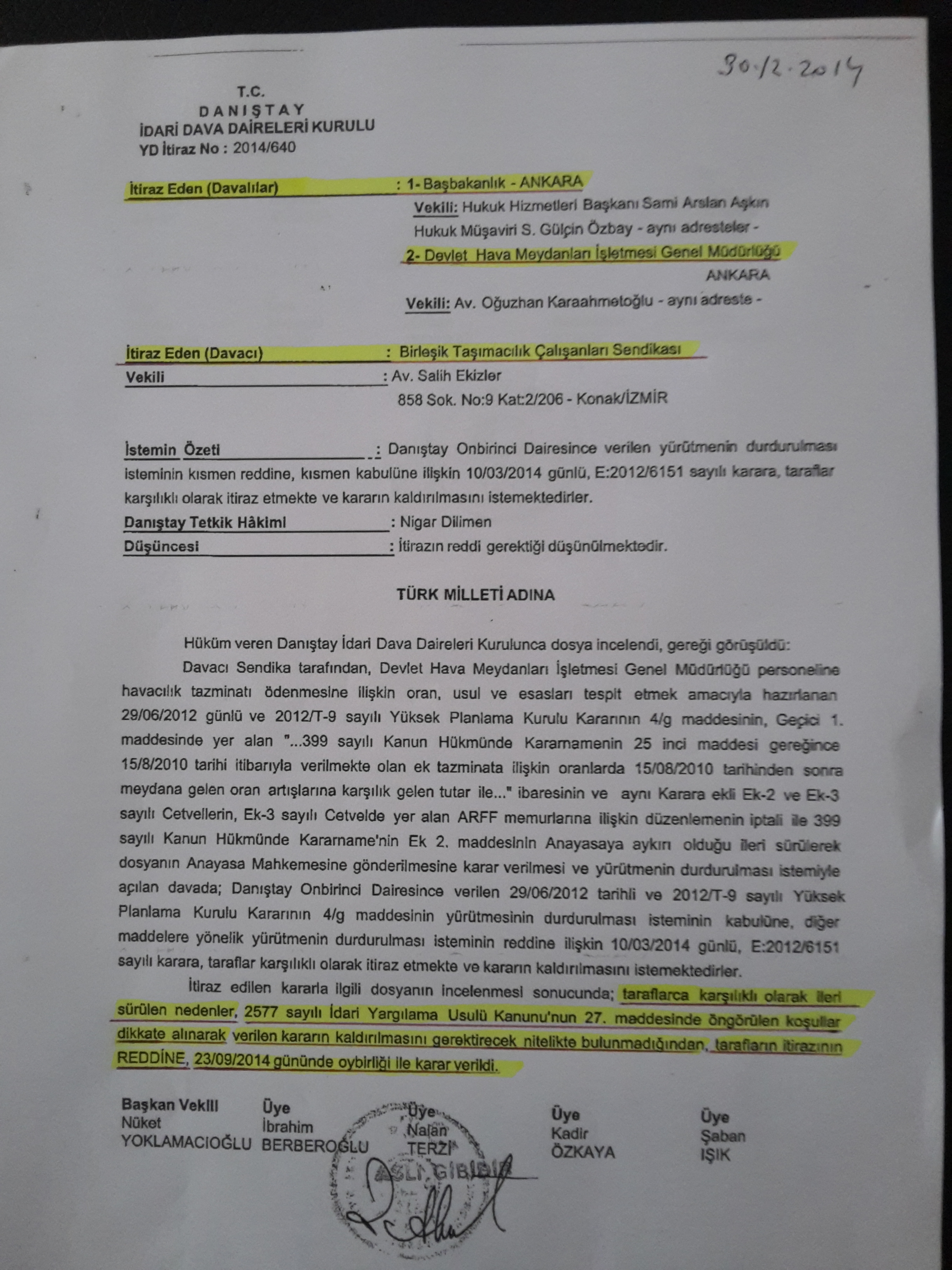 Havacılık Tazminatı Davasında Son Durum-31.12.2014